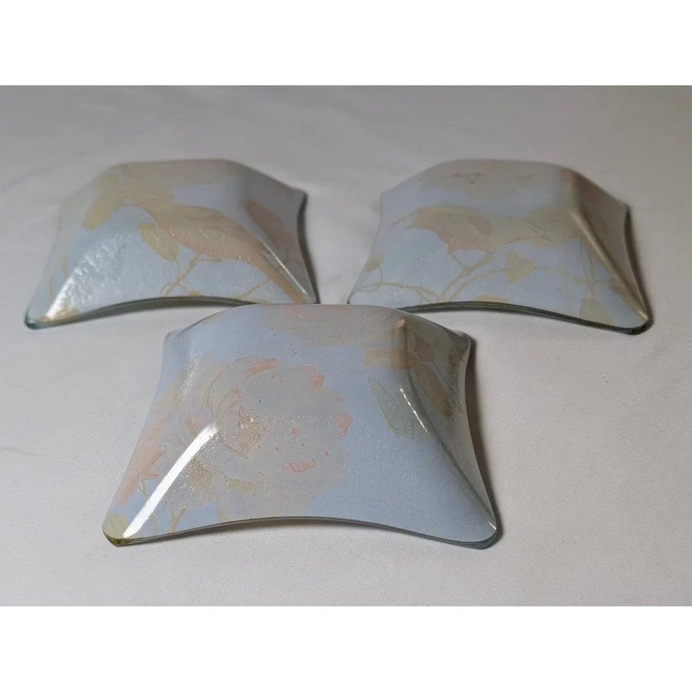 Set of 3 Lisa Audit Glass Trinket‎ Dishes Floral Bird Butterfly Square Blue